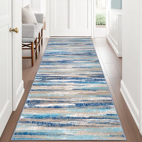Lansny Abstract Washable 3x8 Runner Rug Non Slip Runners for Hallway | Navy Blue;Thin Printed Faux Wool Rug Runners for Kitchen, Entryway;Hallway Runner Rug Non Skid;8ft Carpet Runner - color: Blue Aqua/Beige Taupe Multi, size: 3' x 8' (Runner)