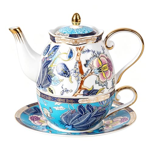 KAMMAK Tea for One Set, Ceramic Teapot, Bone China Tea Set, Cup and Saucer | Blue, Porcelain Stackable Tea Pot Set with Golden Trim for Coffee and Cappuccino, Ideal for Afternoon Tea and Gifts,GH5 - color: Blue-GH05