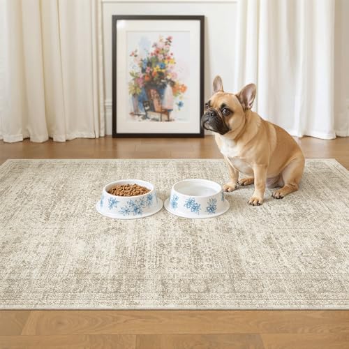 Soalmost 3x4 Rugs Non-Slip, Small Washable Kitchen Entryway Area Rug Beige | Vintage Low Pile Carpet for Nursery Coffee Table Bathroom, Foldable Stain Resistant Indoor Door Mat Entrance Powder Room - color: Beige, size: 3' x 4' (Rectangular)