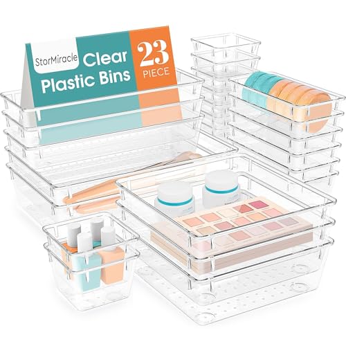 23 PCS Drawer Organizer Set, 5 Size Bathroom and kitchen organizer Trays | Bathroom and kitchen Drawer cabinet organizer Trays, Clear Storage Bins for Makeup, Jewelry, Utensils and Gadgets - color: Clear, size: 23 PCS