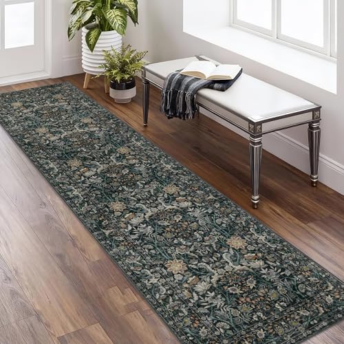 Vintage Botanical Runner Rug 2x8: Floral Carpet Non-Slip - Dark Green | Classic Dark Tone Pattern Fits Compact Living Spaces - Washable, Stain Resistant, Low Pile for Hallway Pet Friendly - color: Dark Green, size: 2' x 8' (Rectangular)