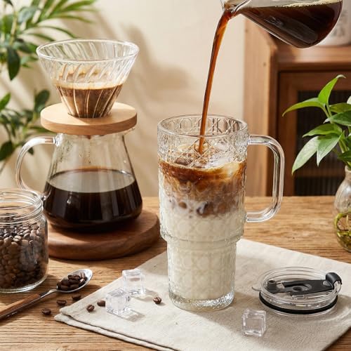 4 Pack Glass Tumblers, 17 Oz Drinking Glass Mugs | Reusable Iced Coffee Cups with Handle, Lid, Straw and Brush, Diamond Pattern Mugs for Cold Hot Beverages Smoothies