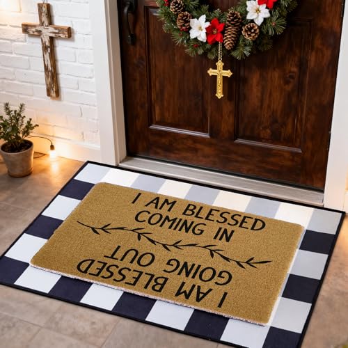 Blessed Coming & Going Layered Doormat Set, 2 Pack Indoor Entry Rugs Featuring Coir Loop Welcome Mat 40x60cm with Buffalo Plaid Crystal Velvet Base 60x80cm for Farmhouse Front Door Decor 20×32 Inch