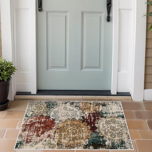 2x3 Abstract Area Rugs: Entryway Mandala Stamped Washable Low Pile | Stain Resistant Soft Carpets Bedside Accent Kitchen Non-Slip Home Decor Small Mats Bathroom Vanity Front of Sink Red Green - color: Red/Green/Multi, size: 2' x 3' (Rectangular)