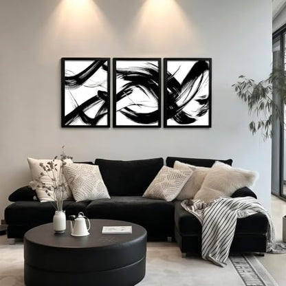 RUURUU 3Pcs Framed Black and White Abstract Canvas Wall Art Modern Minimalist Small Space Wall Decor for Living Room Bedroom Office Brush Stroke Gallery Pictures Posters Prints 12x16 Inches - size: 12x16Inches