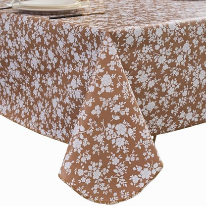 Pioggia Vinyl Tablecloth with Flannel Backing - Waterproof, Oil-Proof, Easy to Clean -Plastic Table Cloth - Perfect for Dining Tables, Kitchen Tables, Parties (Coffee Flowers, 54×54 Inch Square) - color: Coffee Flowers, size: 54" x 54" (Square)