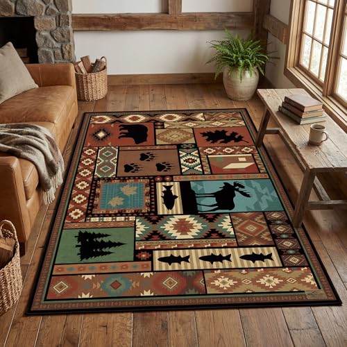 Rustic Cabin Area Rug 5x7 ft Southwestern Lodge Bear Moose Non Slip - color: Rustic Cabin, size: 5' x 7' (Rectangular)