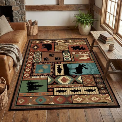 Rustic Cabin Area Rug 5x7 ft Southwestern Lodge Bear Moose Non Slip - color: Rustic Cabin, size: 5' x 7' (Rectangular)