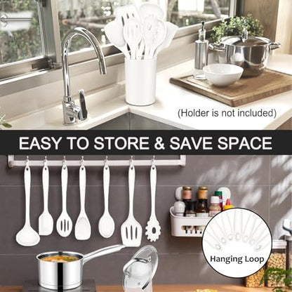 P&P CHEF White Kitchen Utensils, Silicone Cooking Utensil Set of 7 | Soft Spatula for Nonstick Cookware, Slotted Turner, Soup Ladle, Pasta Server, Spoon for Cooking, Dishwasher Safe & Heat Proof - color: White