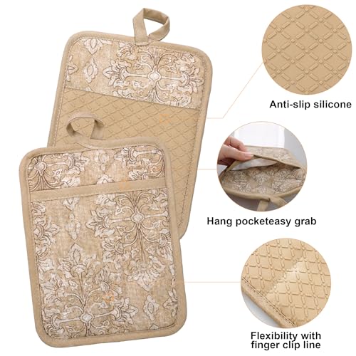 Oven Mitts and Pot Holders with Cooking Apron Set of 5, Heat Resistant Kitchen Gloves and Silicone Non-Slip Potholders, Adjustable Neck Buckle Chef Apron, Cotton Nice Design for Cooking (Tawny) - color: Tawny