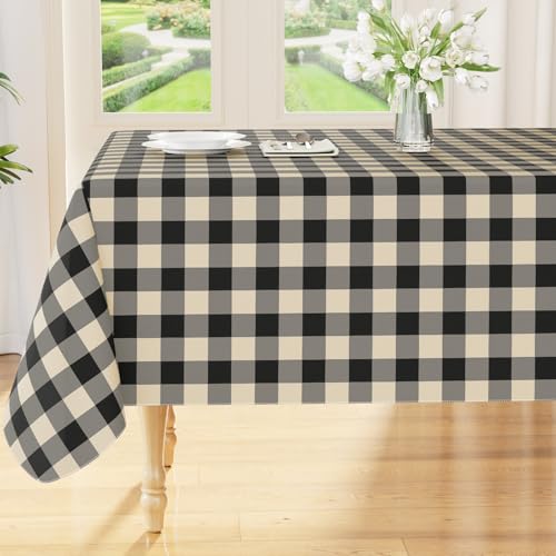 Smiry Square Table Cloth, Waterproof Vinyl Tablecloth with Flannel Backing, Wipeable Buffalo Plaid Table Cover for Picnic, Indoor and Outdoor (Black & Beige, 54"x54") - color: Black & Beige, size: 54" x 54" (Square)