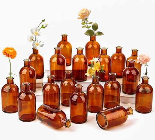 20 Pack Amber Glass Bud Vases for Centerpieces Small Mini Flower Vases | Bulk Vintage Decorative Bottle Vases for Table Decor, Home Accents, Wedding Reception, Party & Office Arrangements - color: Brown