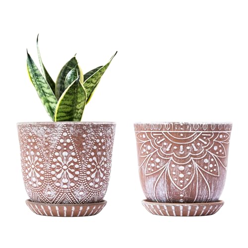 Gepege Ceramic Plant Pots, 6 Inch Indoor Planters with Drainage & Saucers | Ceramic pots for plants with drainage holes, ceramic saucers and mesh pads, ideal for flowers, herbs and succulents, set of 2 - color: Clay+white, size: 6 Inch - Set of 2