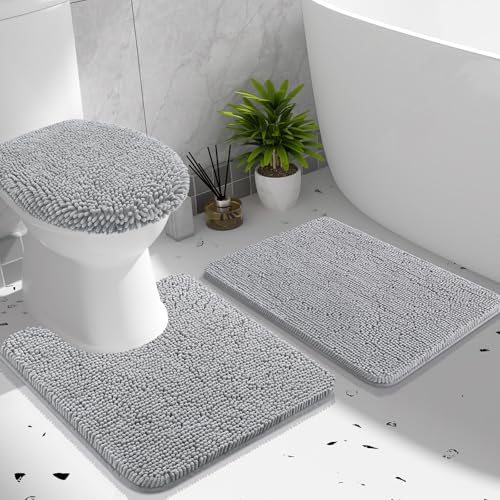 OLANLY Bathroom Rugs Sets 3 piece, Soft Absorbent Chenille Bath Mat, U-Shaped Contour Toilet Mat and Toilet Lid Cover, Quick Dry, Machine Washable, Toilet Cover and Rug Set for Bathroom, Light Grey - color: Light Grey, size: 24" X 16" + U24" X 20" + 17.5"