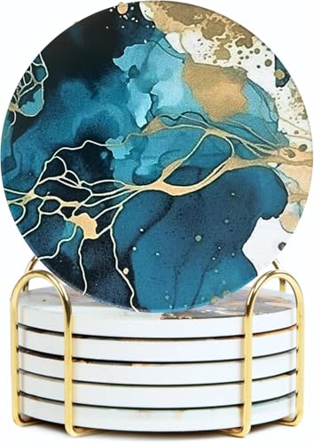 Ceramic Marble Coasters Set of 6, Absorbent Drink Coasters for Table | Moisture-absorbing marble stone coasters for coffee table; cute alternative to cork or glass - color: Teal