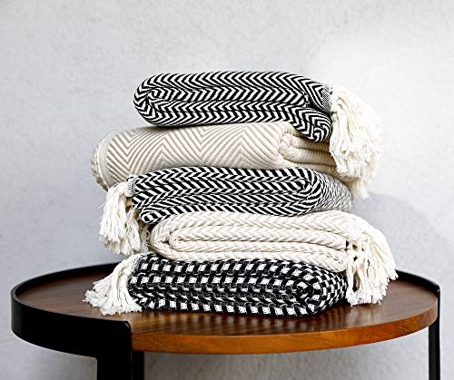Peshtemania Premium Cotton Light Weight Boho Throw Blanket 50”x60” Gray Black and Off White for Bed Chair Couch Farmhouse Turkish Throws for Sofa Bedroom Outdoor Fall Throw Blanket Yoga Blanket - color: Black