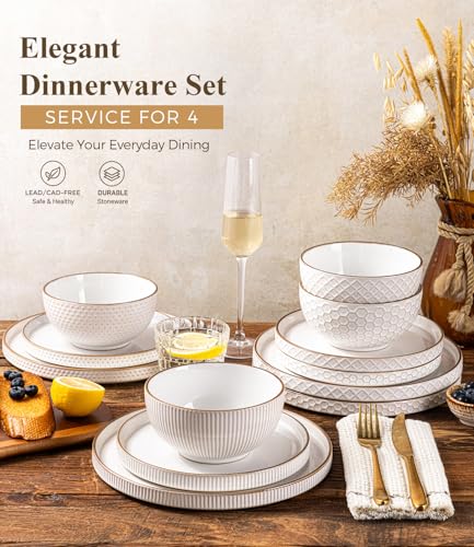 GBHOME Stoneware Dinnerware Set for 4, 12 piece Farmhouse Plates and Bowls | Elegant Embossed Ceramic Dish Set, Scratch Resistant, Microwave & Dishwasher Safe, Off white - color: Off white-Stackable