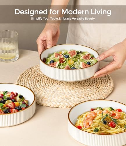 GBhome 7.5 Inch Pasta Bowls Set of 6, Ceramic Salad Bowls, Warm White | Double Reactive Glaze Bowls for Pasta, Noodles & Fruit, Scratch Resistant, Microwave & Dishwasher Safe - color: Warm White, size: Set of 6
