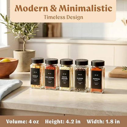 Square Glass Spice Jars (24 x 4oz) with Black Lids + Magnetic Spice Rack for Refrigerator (Fits 12 Jars) + Bonus Slim Auxiliary Rack, 240 Labels, Shaker Inserts, Funnel - color: Black Stainless Steel Lid + Magnetic Rack