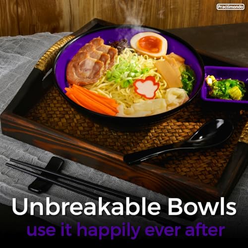 Unbreakable Ramen Bowl Set with Chopsticks and Spoon: 2 large Japanese Style Melamine Ramen Bowls (2 Bowl Set, Purple-Black) - color: Purple & Black, size: 2 Bowl Set