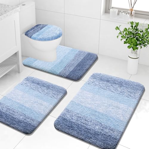 Arotive Microfiber Bathroom Rugs Sets 4 Piece, 24x16+30x20+24x20+17.5x15 | Light Blue, Soft Absorbent Bath Mats, Machine Wash Dry U-Shaped Contour Rug and Toilet Lid Cover for Bathroom - color: Light Blue, size: 30" X 20" + 24" X 16" + 24" X 20" + 17.5" X