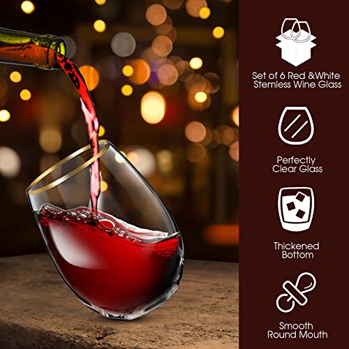 Mimorou Stemless Wine Glasses & Gold Rim, Set of 6, 17 oz Red Wine Glasses | Gold Rimmed, Elegant Style, Stable Base Prevents Tipping, for Wedding Party Events or Daily, as a Housewarming Gift