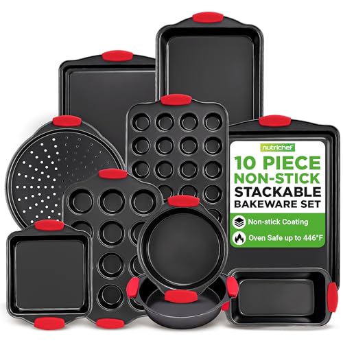 NutriChef 10-Piece Nonstick Kitchen Oven Baking Pans - Premium & Stylish Non-Stick Carbon Steel - Commercial Grade Restaurant Quality Metal Bakeware with Silicone Handles - Easy to Clean, NCSBS10S - size: 10-Piece Set