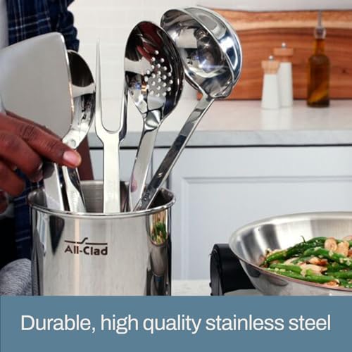 All-Clad 5-Piece Stainless Steel Kitchen Utensil Set – Includes Ladle, Solid Spoon, Slotted Spoon, Turner & Storage Caddy – Heavy-Gauge, Ergonomic, Dishwasher Safe, Silver (Pack of 2) - size: 5-Piece (Pack of 2)