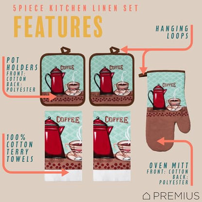 5 Piece Coffee Cup Printed Kitchen Linen Set, 2 Cotton Towels, 2 Potholders, 1 Oven Mitt with Hanging Loop, 100% Cotton Material on Front & Polyester Backing, Perfect Kitchen Accessory - color: Coffee Cup