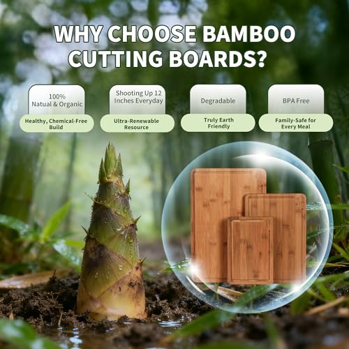 BAMBANG Bamboo Cutting Board, Dark Carbonized Chopping Boards Set of 3 with Stand, Butcher Block with Deep Juice Groove, Non-Toxic Wooden Cutting Boards for Kitchen Meal Prep & Serving - color: Dark