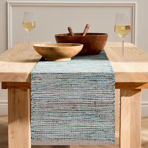 Boho Jute Table Runner for Dining Tables, Rustic Turquoise Table Runner Farmhouse Style , Cotton and Jute Neutral Colorful Indoor Kitchen Decor, 13 X 72 Inch, - Natural-Aqua Turquoise - color: Natural - Aqua Turquoise, size: 13 x 72 Inch