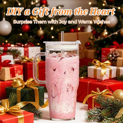 Birity 2Pack 40OZ Glass Tumbler with Handle,Glass Cup with Lid and Straw,Reusable Glass Iced Coffee Cup for Beer, Smoothies, Juice,Hot/Cold Drinks-Suitable for Birthday,Wedding - color: 40 oz 2-pack borosilicate