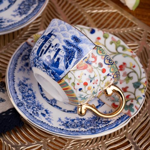KAMMAK Tea Cups and Saucers Set of 2, Fine Bone China Coffee Cups, 582N | Stackable Espresso Mugs, Ceramic Demitasse for Coffee, Cappuccino, Latte, Americano, Tea - size: 7KPSP582N+583N