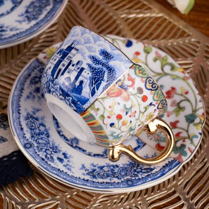 KAMMAK Tea Cups and Saucers Set of 2, Fine Bone China Coffee Cups, 582N | Stackable Espresso Mugs, Ceramic Demitasse for Coffee, Cappuccino, Latte, Americano, Tea - size: 7KPSP582N+583N