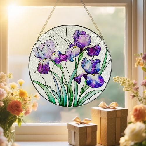 Stained Glass Window Hanging, 8 Inch Purple Irises Stained Glass Suncatcher, Flower Sun Catchers Indoor Window, Iris Flowers Gift, Flower Lovers Gifts, Housewarming Gift, Gifts for Her or Women - color: Iris Flower