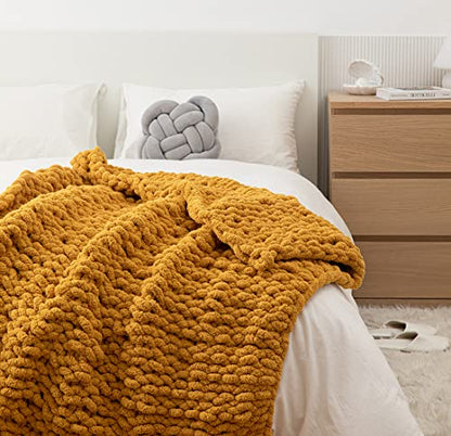 Chunky Knit Blanket Soft Chenille Yarn Knitted Throw Blanket 50"X60" Handmade Cable Warm Thick Giant Blanket for Couch Bed Trips (Turmeric Yellow, Throw 50"X60")?-¡­ - color: Turmeric Yellow, size: Throw 50"X60"