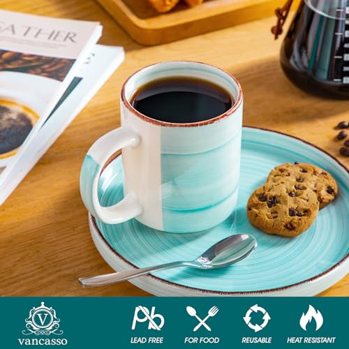 vancasso Bonita Ceramic Coffee Mug Set of 6,16 Oz Coffee Cups with Large Handle for Tea,Latte,Cappuccino,Milk,Cocoa,Dishwasher&Microwave Safe(Blue) - color: Blue