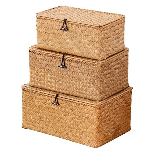 Nonam Storage Basket with Lid, Natural Seagrass Bin with Lid Set of 3, Shelf Baskets Multipurpose Container for Boho Decoration, Rectangular Household Storage Boxes for Home Organization-Natural - color: Standard Natural* Set of 3