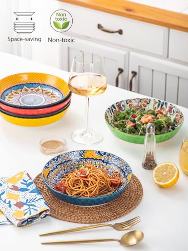 HENXFEN LEAD Pasta Salad Bowls Set of 6, Wide and Shallow Serving Bowls for Kitchen 32 Oz - 8 Inch Porcelain Soup Bowl, Pasta Plates Dishwasher & Microwave Safe - Bohemian style | Assorted Patterns, 8 Inch Pasta Plates with Wide and Shallow Design, Microw