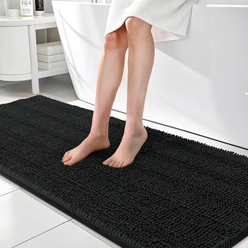 OLANLY Thick Bathroom Runner Rugs 70x24, Chenille Long Bath Rugs, Black | Soft Absorbent Striped, Rubber Backing, Machine Wash, Bath Mats for Bathroom Floor, Tub and Shower, Home Decor Accessories - color: Black, size: 70" X 24"