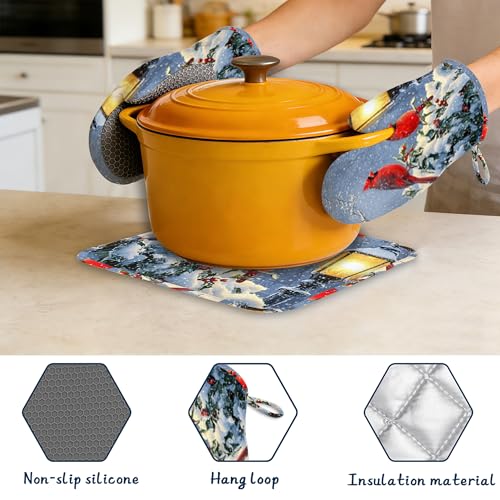 Red Cardinal Oven Mitts and Pot Holders Sets,Extra Long Winter Snow Branch Kitchen Mittens for Cooking,Thick Cotton Heat Resistant Silicone Cooking Utensils Set for Baking Cooking Grilling - color: Red Cardinal