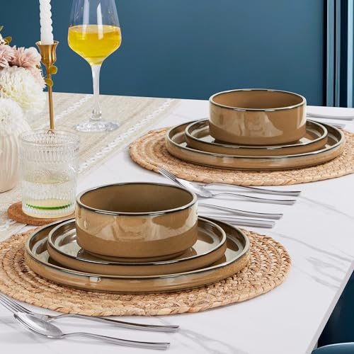 LIANYU Dinnerware Sets for 4, 12 Piece Modern Stoneware Dishes Set | Elegant Plate and Bowl, Ceramic Dining Dishware for Dinner, Rustic Terracotta Bottom, Microwave & Dishwasher Safe, Amber Gold - color: Amber Gold