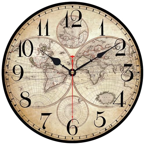 14in Vintage Wooden World Map Wall Clock Silent Rustic Large Kitchen Decor | Retro Vintage Rustic Non Ticking Battery Operated Decorative Clock for Farmhouse Hotel Office - color: Retro Vintage, size: 14 inch