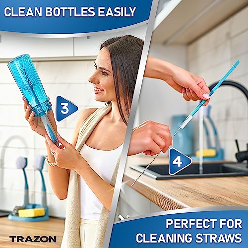 Dish Brush Set of 5 with Convenient Holder, Bottle Water Brush, Dish Scrub Brush, Scrubber Brush and Straw Brush - Kitchen Scrub Brushes Non Slip Long Handle for Sink Dishes Cup Pot - color: Blue