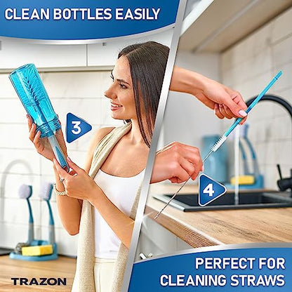 Dish Brush Set of 5 with Convenient Holder, Bottle Water Brush, Dish Scrub Brush, Scrubber Brush and Straw Brush - Kitchen Scrub Brushes Non Slip Long Handle for Sink Dishes Cup Pot - color: Blue