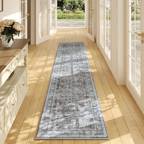 Rugcomf Long Hallway Runner Rug 2'7"x14' - Vintage Washable Non Slip Runner Rug, Boho Carpet for Hallways, Kitchen, Entryway, Hall, Bathroom - Grey - color: Grey, size: 2'7" x 14' (Rectangular)