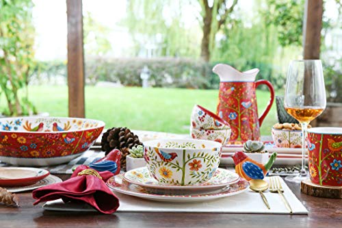 Bico Red Spring Bird Pasta Bowls, 35oz Salad Bowl Set of 4, Large Ceramic Serving Dinner Bowls for Soup and Cereal, Microwave and Dishwasher Safe, Gift for Housewarming and Thanksgiving - color: Red Spring Birds