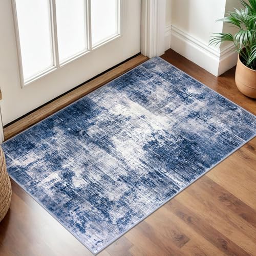 Small Abstract Area Rug 2x3 Ft Entryway Rugs Washable Door Mat Indoor Entrance, Rubber Backed Throw Rugs, Printed Faux Wool Non Slip Floor Carpet for Foyer Front Door Sink, Navy/Grey - color: Navy/Grey/White, size: 2' x 3' (Rectangular)