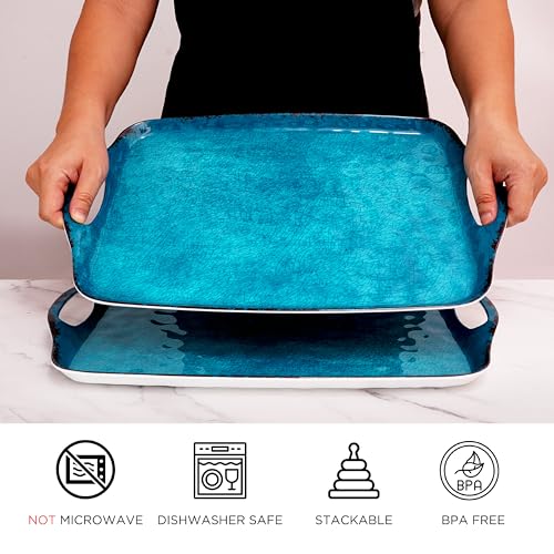 TP Melamine Serving Trays with Handles, 19" x 12", Set of 2, Retro Teal | Large Rectangular Trays, Serving platters, Turkey and Party Serving, Lightweight, Break-resistant - color: Retro Teal, size: 19" x 12"