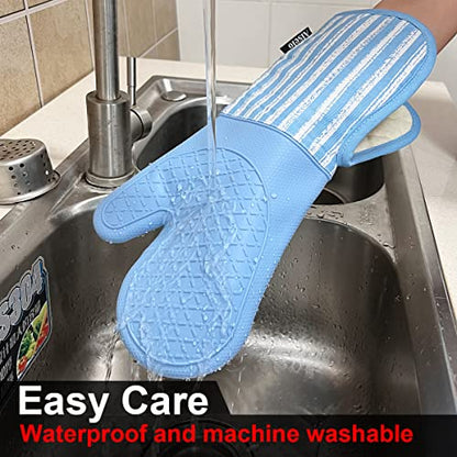 Alselo Silicone Oven Mitts Heat Resistant 932℉ with Waterproof & Non-Slip | Kitchen Mittens Set of 2,Extra Long Oven Gloves with Soft Cotton Terry Lining for Baking Cooking Barbecue (Blue,2) - color: Blue